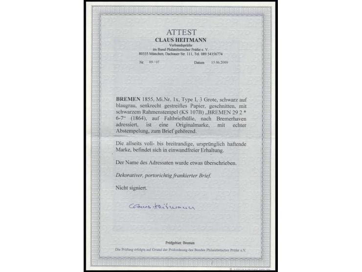 1855, 3 Gr. auf blaugrau, senkrecht gestreiftes Papier, voll- bis breitrandig mit Ra2 "BREMEN 29 2" (1864) auf Briefhülle nac