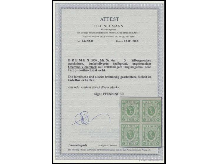 1859, 5 Sgr. gelbgrün im Oberrand-4er-Block, allseits breitrandig, postfrisch in tadelloser Erhaltung, Luxus, sign. Pfenninge