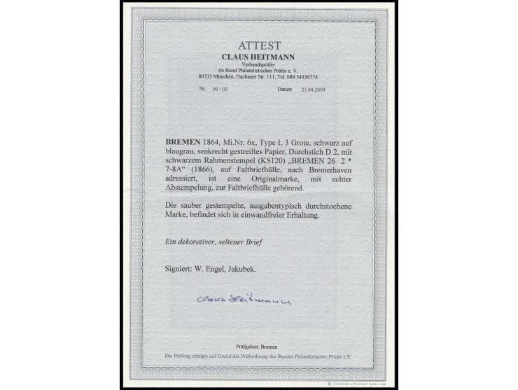 3 Gr. auf blaugrau, senkrecht gestreiftes Papier,  farbfrisch und mit ausgabetypischem guten Durchstich, mit klarem Ra2 "BREM