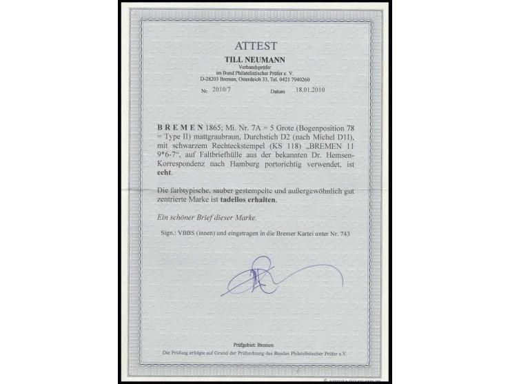 5 Gr. auf mattgraubraun, farbfrisch und einwandfrei durchstochen, sehr schön zentriert, mit sauberem Ra2 "BREMEN 11 9" auf kl