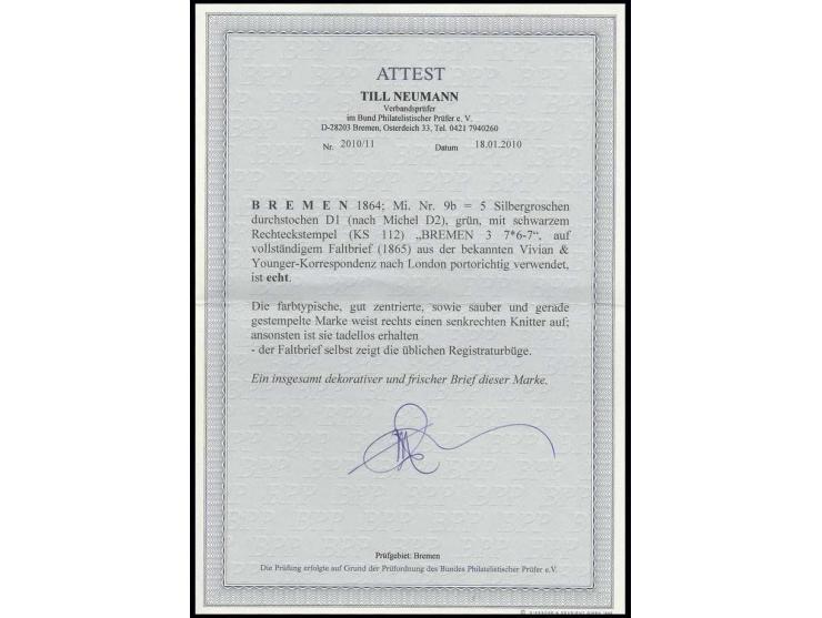 5 Sgr. grün, farbfrisch und gut durchstochen mit klarem Ra2 "BREMEN 3 7" (1865) auf kpl. Faltbrief nach London, bis auf einen