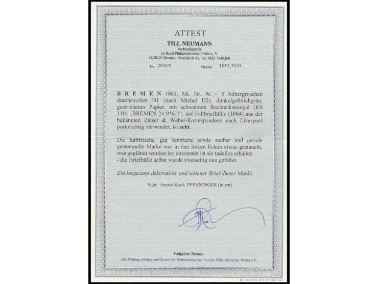 5 Sgr. grün auf gestreiftem Papier, farbfrisch und gut durchstochen, mit sauberem Ra2 "BREMEN 24 9" (1864) auf Briefhülle nac