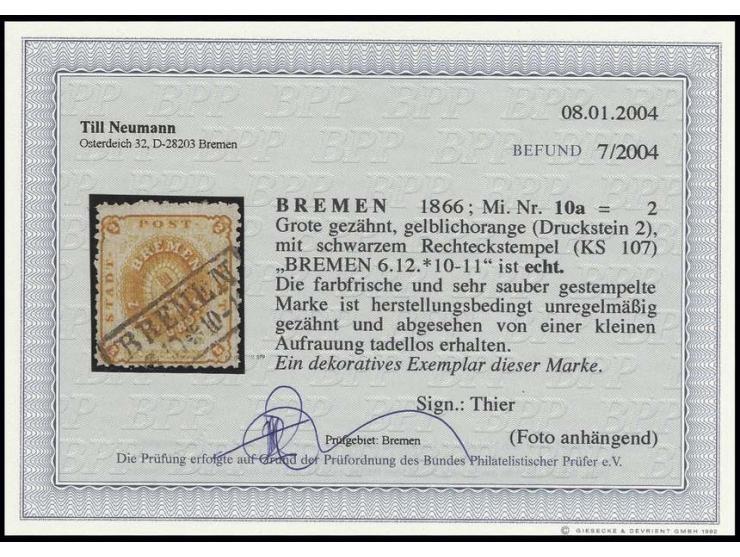 1866/67, gezähnt: 2 Gr. gelblichorange, sehr schön farbfrisch mit klar aufgesetztem Ra2 "BREMEN 6 10", bis auf rückseitig min
