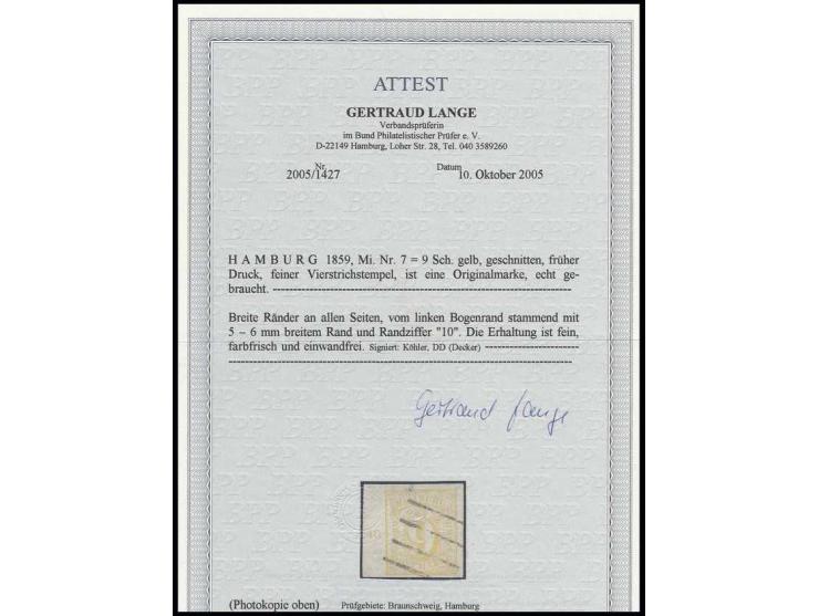 9 Sch. gelb, sehr schön farbfrisch und allseits breit- bis überrandig, links mit ca. 5 mm Bogenrand mit Reihenzähler "10", sa