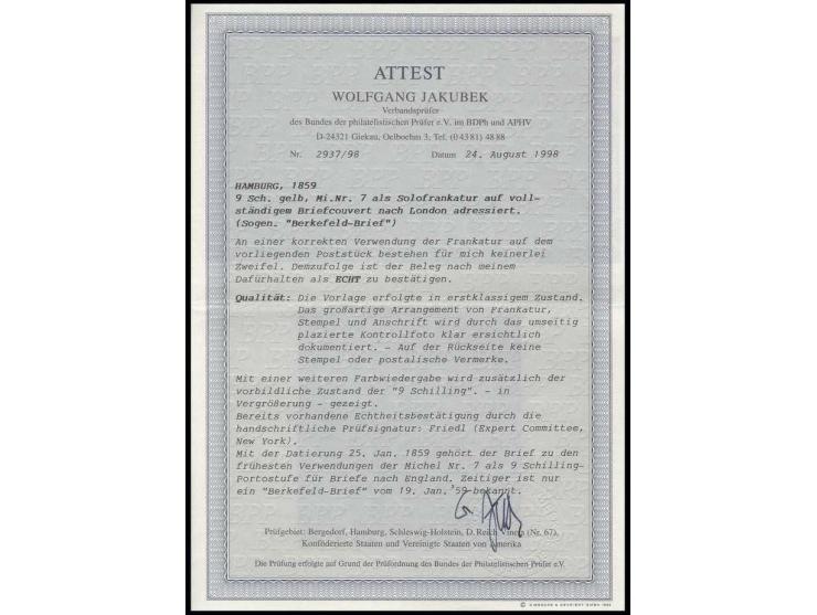 9 Sch. gelb, in sehr schöner tiefer Farbe und allseits sehr breitrandig mit glasklar aufgesetztem Strichstempel auf Briefkuve