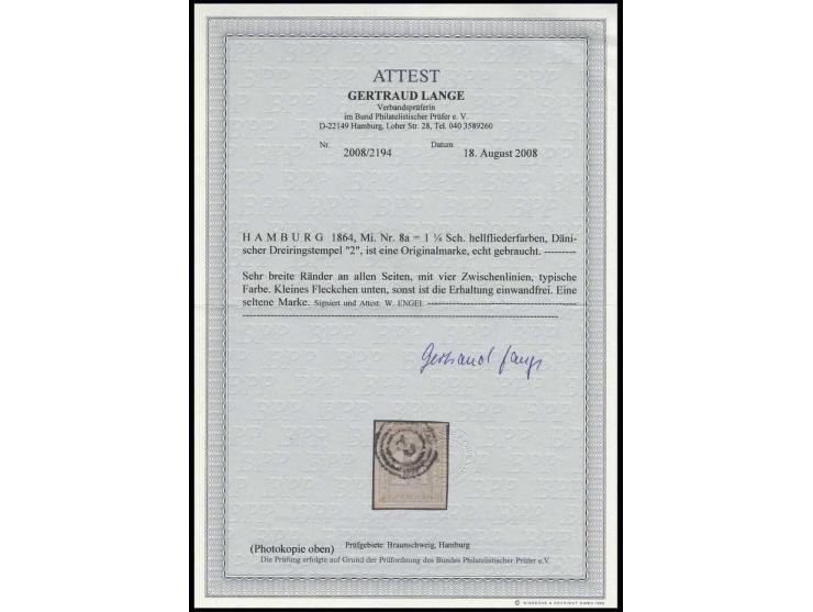 1864, 1¼ Sch. hellflieder, schöne Farbe und allseits breitrandig mit Teilen aller 4 Zwischenlinien, unten unmerkliches kleine