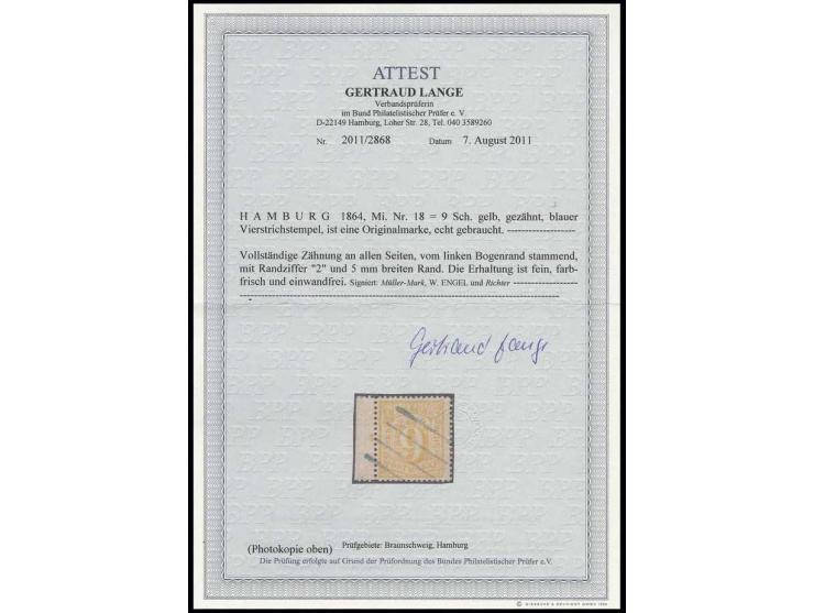 9 Sch. orangegelb, sehr schöne tiefe Farbe und allseits tadellos gezähnt, links mit Bogenrand mit Reihenzähler "2", sehr schö
