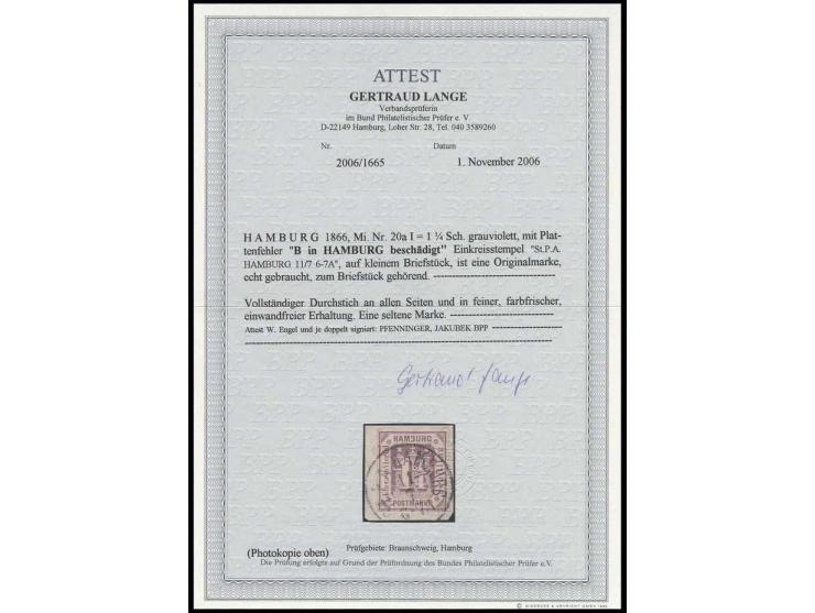 1866, 1¼ Sch. grauviolett mit Plattenfehler "HAM3URG", farbfrisch und einwandfrei durchstochen mit EKr. des Stadtpostamtes au