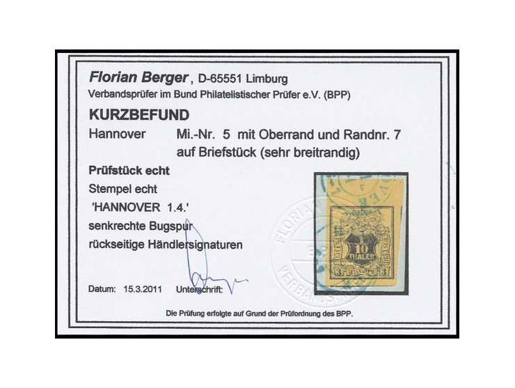 1/10 Th. auf gelb, 2 Oberrandstücke mit Reihenzählern "4" bzw. "7", letzteres auf Briefstück mit schwacher Bugspur, sign. bzw