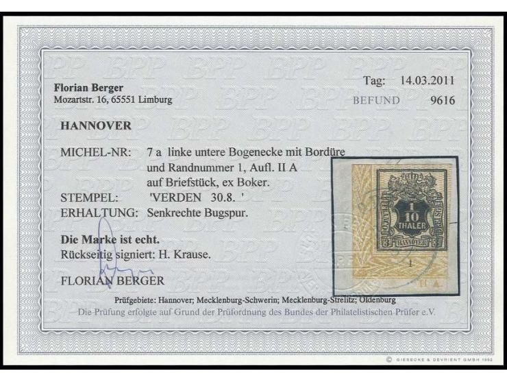 1/10 Th. orange genetzt, voll- bis überrandige linke untere Bogenecke mit Reihenzähler "1" und Auflagenr. "II A" mit DKr. von