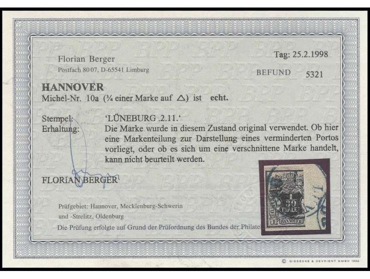 1/30 Th., rosa genetzt, im 3/4-Schnitt, übergehend entwertet mit blauem EKr. "LÜNEBURG" auf kleinem Briefstück, laut Fotobefu