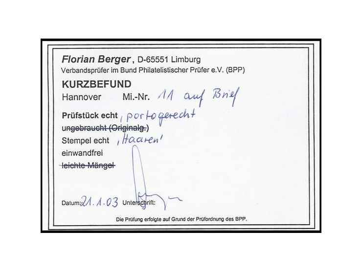 1/15 Th., allseits breitrandig mit klarem DKr. "HAAREN 12/9" (1858) auf Faltbrief nach Haltern, Pracht, Kurzbefund Berger BPP