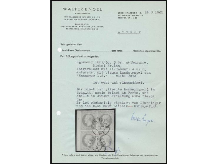 3 Gr. gelborange im 4er-Block, allseits breitrandig, links mit Bogenrand mit Reihenzähler "4" und "5", sauber gestempelt "HAN