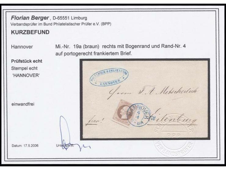 1861, 3 Gr. braun, breit- bis überrandiges rechtes Randstück mit Reihenzähler "4" mit sauberem DKr. "HANNOVER 4/1" (1864) auf
