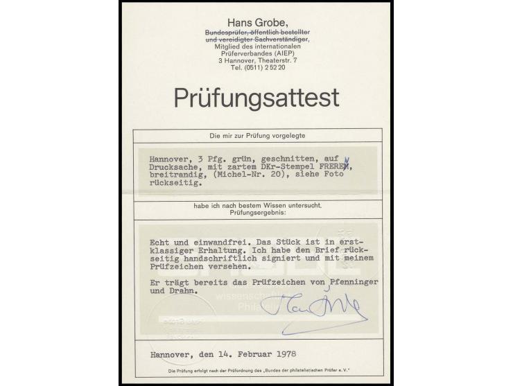 1863, 3 Pfg. grün, allseits breitrandig mit DKr. von Freren auf Drucksache ohne Schleife, einwandfrei, sign. Pfenninger und D