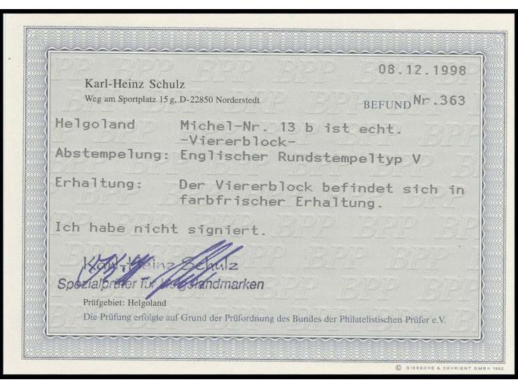 5 Pfg. lebhaftlilakarmin/grün im 4er-Block, mehrfach entwertet durch Rundstempel, Fotobefund Schulz BPP (Mi.500,-)
