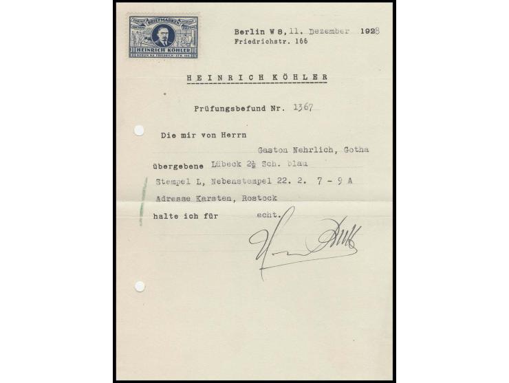 2 ½ Sch. ultramarin, farbfrisch und gut durchstochen mit Dreiringstempel "L" und nebengesetztem DKr. "LUEBECK 22/2" auf Brief
