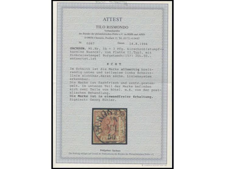 3 Pfg. kirschrot, Platte II, Type 3, allseits breitrandig und sehr schön farbfrisch mit sltener Entwertung durch zentrisch sa