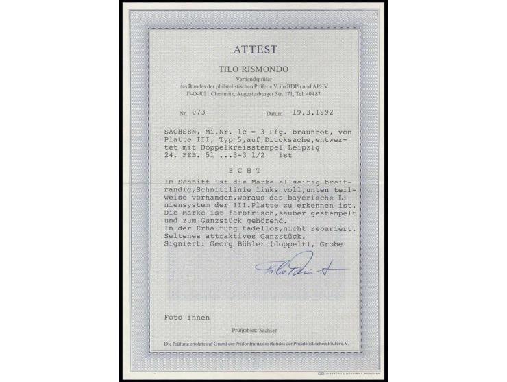 3 Pfg. braunrot, Platte III, Type 5, sehr schöne, tiefe leuchtende Farbe und allseits gleichmäßig breitrandig, links mit voll