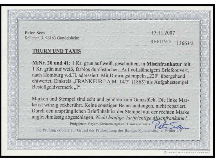 1 Kr. grün, winzig berührt, sonst voll- bis überrandig in wertstufengleicher Mischfrankatur mit farblos durchstochen 1 Kr. gr