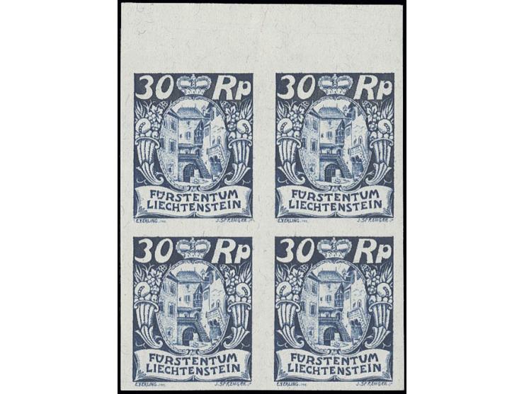 1924, nicht verausgabter Wert 30 Rp. im ungezähnten 4er-Block vom Oberrand, wie immer ungummiert, Attest Rupp (Mi. 800,-)