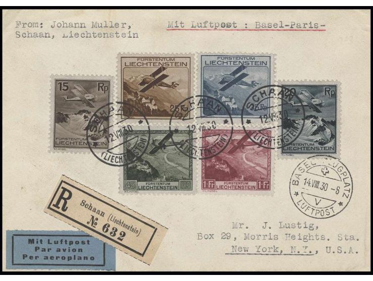 1930, Flugpost 15 Rp.-1 Fr. kpl. mit Ersttagsstempel "SCHAAN 12.VIII.30" auf R-Flug-FDC in die USA, Pracht (Mi. 1.000,-)