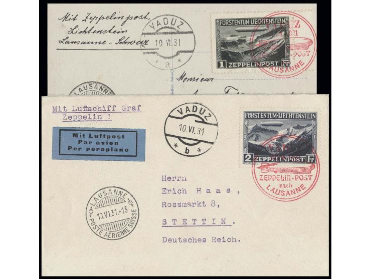 1931, Zeppelin 1 Fr. und 2 Fr. auf Zeppelin-Karte bzw. -Brief
