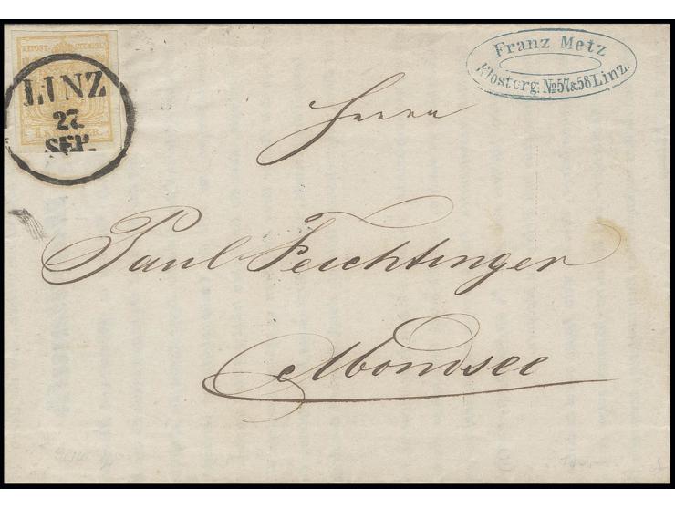 1850, Handpapier: 1 Kr. gelb, voll- bis meist breitrandig mit klarem EKr. "LINZ 27. SEP." (1853) auf kpl. Drucksache nach Mon