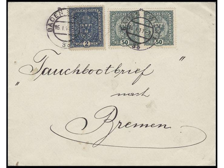 Wappen 2 Kr. und 50 H. im waagerechten Paar auf Tauchbootbrief (äußerer Umschlag) von "BADEN b. WIEN 16.1." nach Bremen in gu