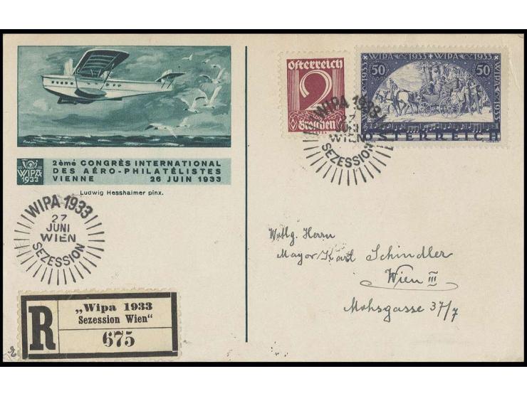 1933, Wipa 50 Gr. auf gewöhnlichem Papier mit Sonderstempel "SEZESSION" auf  R-Karte mit Zufrankatur, leichte Knitter