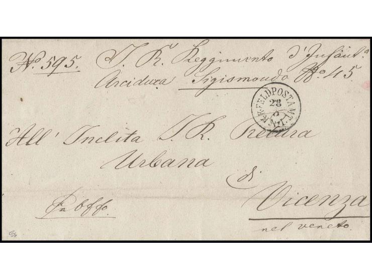 1855, "K.K. FELDPOSTAMT No. I / 28.3." auf markenlosem Militärbrief mit vollem Inhalt von Bukarest mit Transitstempeln von Wi