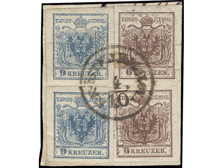 "K.K. ÖST. F.P. KRAJOVA 4/10" auf 6 (2) und 9 Kr. (2) als 4er-Block geklebt auf Briefstück, 2 Marken starke Mängel, in dieser