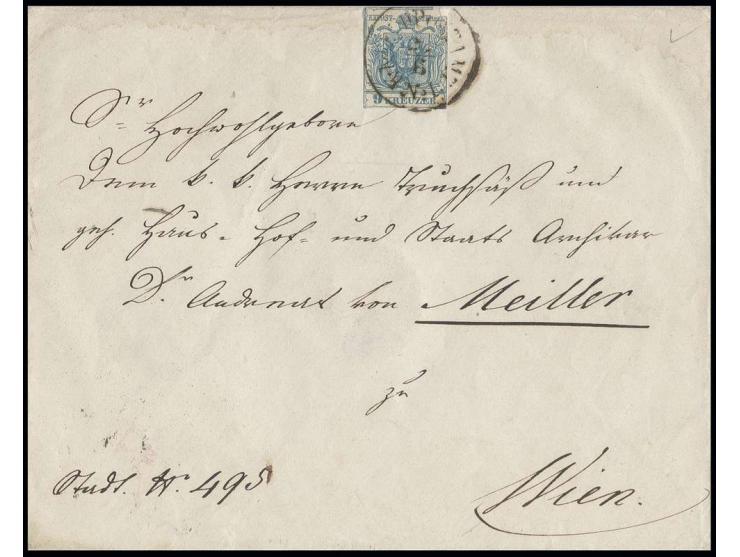 "K.K. FELDPOSTAMT No. I / 26.6." auf 9 Kr. auf Brief nach Wien mit Ankunftsstempel, Marke Liliputschnitt und Eckfehler, denno