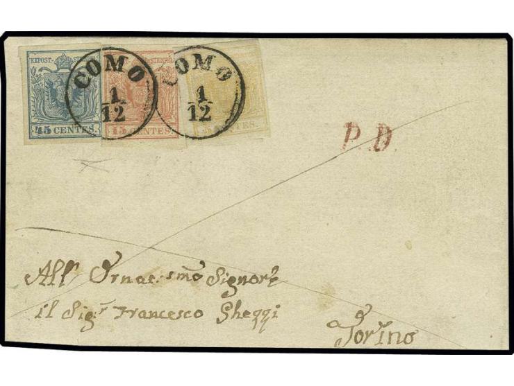 1850, Handpapier: 5 C. gelbocker, 15 C. rot, Type III, und 45 C. blau, Type II, die 45 C. rechts eng-, sonst alle voll- bis m