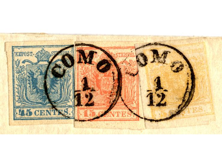 1850, Handpapier: 5 C. gelbocker, 15 C. rot, Type III, und 45 C. blau, Type II, die 45 C. rechts eng-, sonst alle voll- bis m