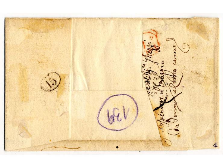 1850, Handpapier: 5 C. gelbocker, 15 C. rot, Type III, und 45 C. blau, Type II, die 45 C. rechts eng-, sonst alle voll- bis m