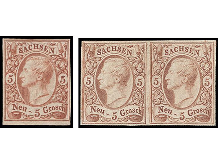 5 Neugroschen bräunlichrot und waagerechtes Paar 5 Neugroschen rosabraun, ungebraucht, die Einzelmarke mit Originalgummi, das