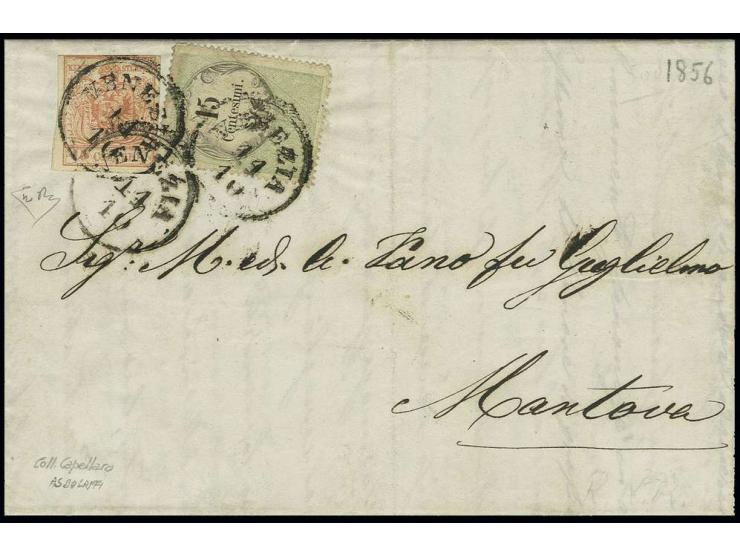 Stichtiefdruck: 15 C. grün/schwarz in Mischfrankatur mit Freimarke 1850, 15 C. rot auf Maschinenpapier mit EKr. "VENETIA 14/1