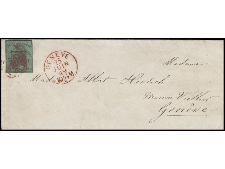 1848, Großes Wappen 5 C. auf dunkelgrün, farbfrisch, in den oberen Ecken geringe Schnittfehler, sonst lupen- bis breitrandig,