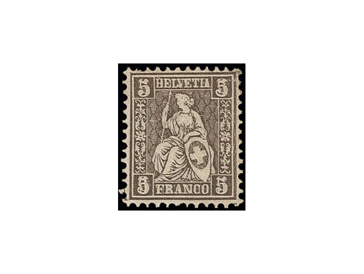 1862/81, Sitzende Helvetia auf weißem Papier: 5 C. braun mit Doppelprägung, davon eine kopfstehend, ungebraucht ohne Gummi, k