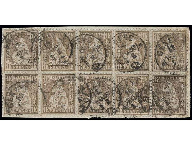 1 F. goldbronze, rotbrauner Unterdruck, waagerechter 10er-Block mit Stempeln "GENEVE 14 DC. .." auf Leinenbriefstück, 3 Werte