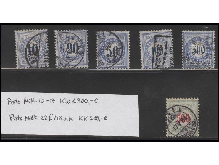 PORTOMARKEN: 1882, 10C.-500 C. ultramarin/dunkelblau auf gefasertem Papier, sauber gestempelt, dazu 1883, 500 C. grün/karmin,