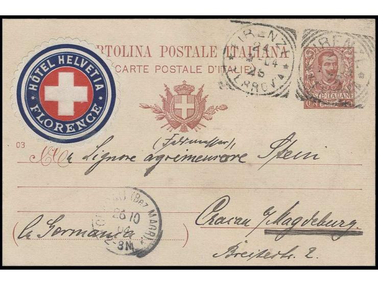 HOTELPOST: 1904, "HOTEL HELVETIA FLORENCE" runde und gezähnte Vignette auf Italien-Ganzsachenkarte von Florenz nach Magdeburg