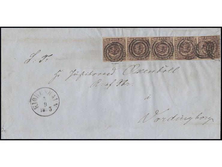 1851, FIRE R.B.S. brown, plate 2, horizontal strip of five, positions 96-100, good to wide margins and fresh colour, tied by 