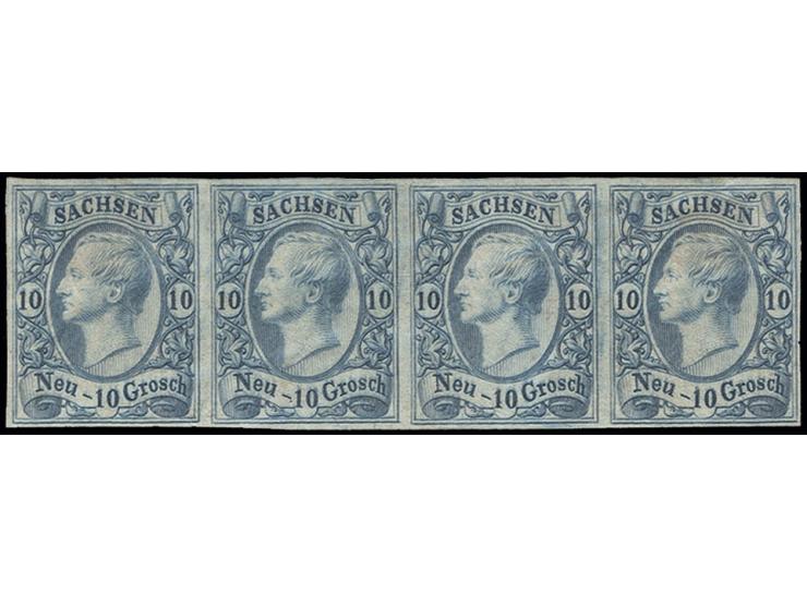 10 Neugroschen blau auf glasigem Papier im waagerechten 4er-Streifen, allseits voll- bis breitrandig und farbfrisch, ungebrau