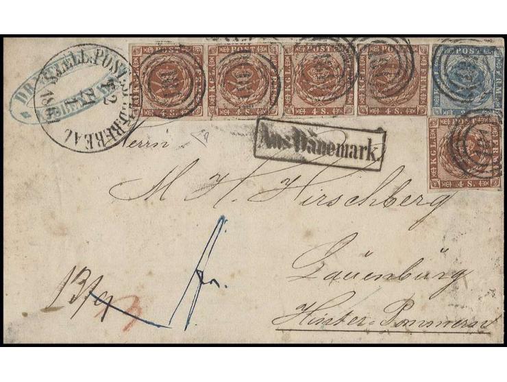 1855, 2 s. blue with 2 singles and strip of 3 1858, 4 s. orange-brown, tied by "181" to letter sheet from Copenhagen via Hamb