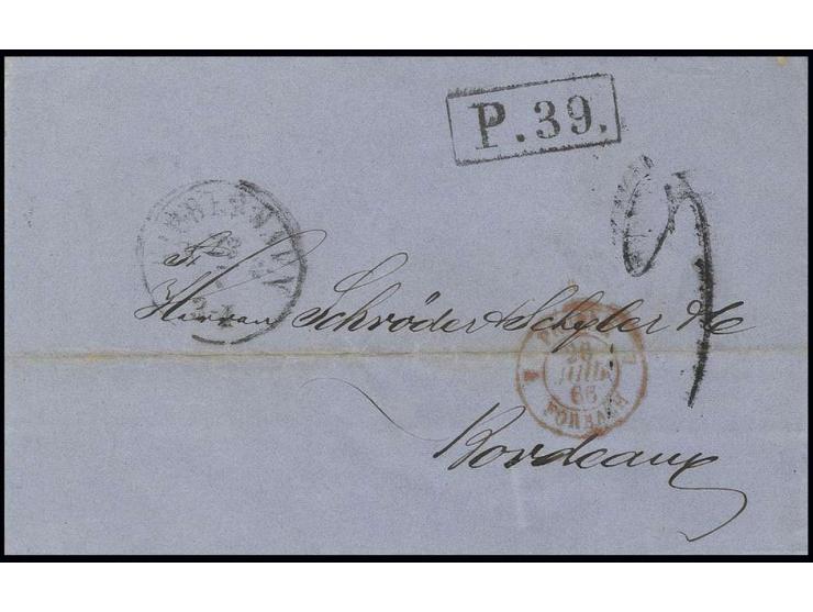 Cancellations: "1 1/2 a. P.", blue straight line on reverse of entire folded cover from "KOPENHAVN 23.7." with boxed "P.39." 