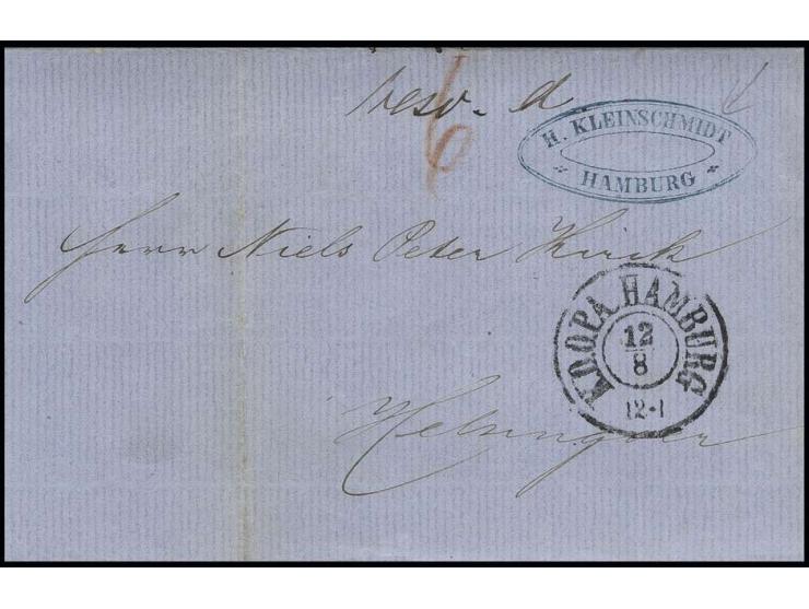 1859, "H.Kleinschmidt/Hamburg", blue forwarder cancel on entire folded cover from Newcastel (dated 8.7.) with "K.D.O.PA. HAMB