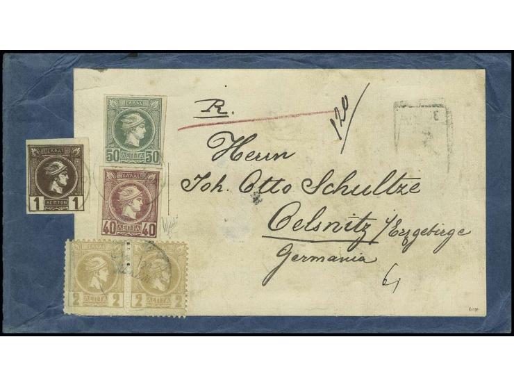 1886, Belgium print 50 l. greyish-green with 1889/92, Athens print 1 l. brown, 2 l. yellow-brown perforated in horizontal pai