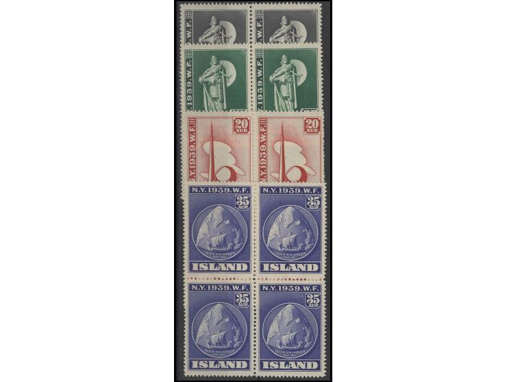 1939, World Exhibition 20 a. - 2 kr., cpl. in blocks of four, unhinged mint, fine